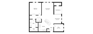 A floor plan of a house with a bedroom, living room, dining room, kitchen, bathroom, and office.