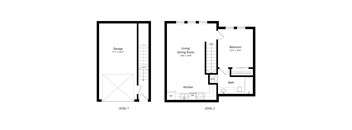 A floor plan of a two level home with a garage, living/dining room, kitchen, bath, and bedroom.