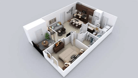 A 3D model of a small apartment with a living room, kitchen, and bedroom.