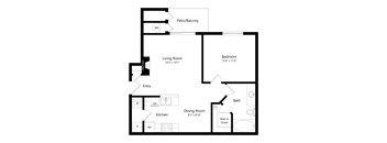 A floor plan of a home with a living room, dining room, kitchen, bathroom, and bedroom.