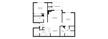 A floor plan of a house with a living room, dining room, kitchen, two bedrooms, a bath, a walk-in closet, and a patio/balcony.
