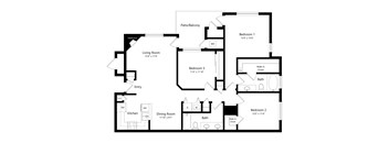 A black and white floor plan of a house with a living room, dining room, kitchen, and three bedrooms.