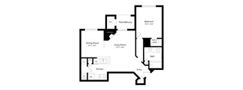 A black and white floor plan of a house with a living room, dining room, kitchen, bath, and bedroom.