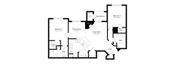 A black and white image of a floor plan for a two bedroom apartment.
