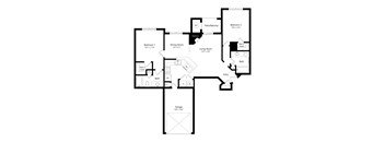 A floor plan of an apartment with two bedrooms, a living room, a dining room, a kitchen, a bathroom, and a garage.