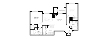 A black and white floor plan of a house with two bedrooms, a living room, a dining room, a kitchen, a bathroom, and a patio/balcony.