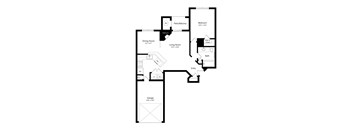 A floor plan of an apartment with a living room, dining room, kitchen, bathroom, and two bedrooms.