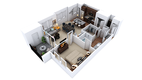 A 3D rendered image of a modern apartment layout.