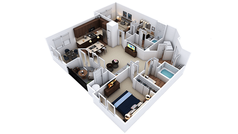 A 3D model of a house with a kitchen, living room, and bedrooms.