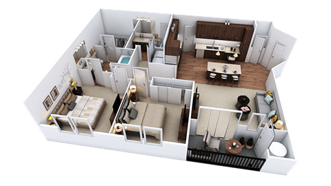 A 3D floor plan of a house showing a kitchen, living room, dining room, and bedrooms.