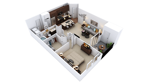A 3D rendered image of a modern apartment layout.