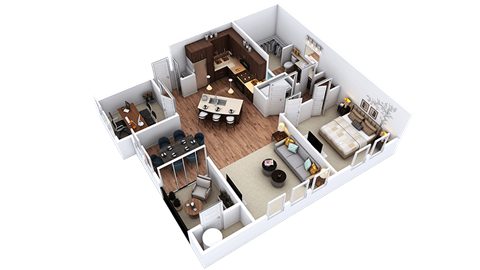A 3D rendered image of a small apartment layout.