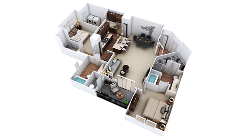 A 3D rendered image of a house layout.