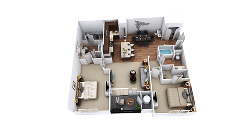 A 3D rendered image of a house layout.