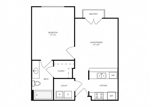 A31 - 1 bed 1 bath - 561sq ft - floorplan layout