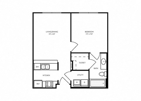 A3- 1 bed 1 bath - 555 sq ft - floorplan layout