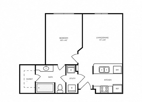 A5 - 1 Bed 1 bath - 606 sq ft - floorplan layout