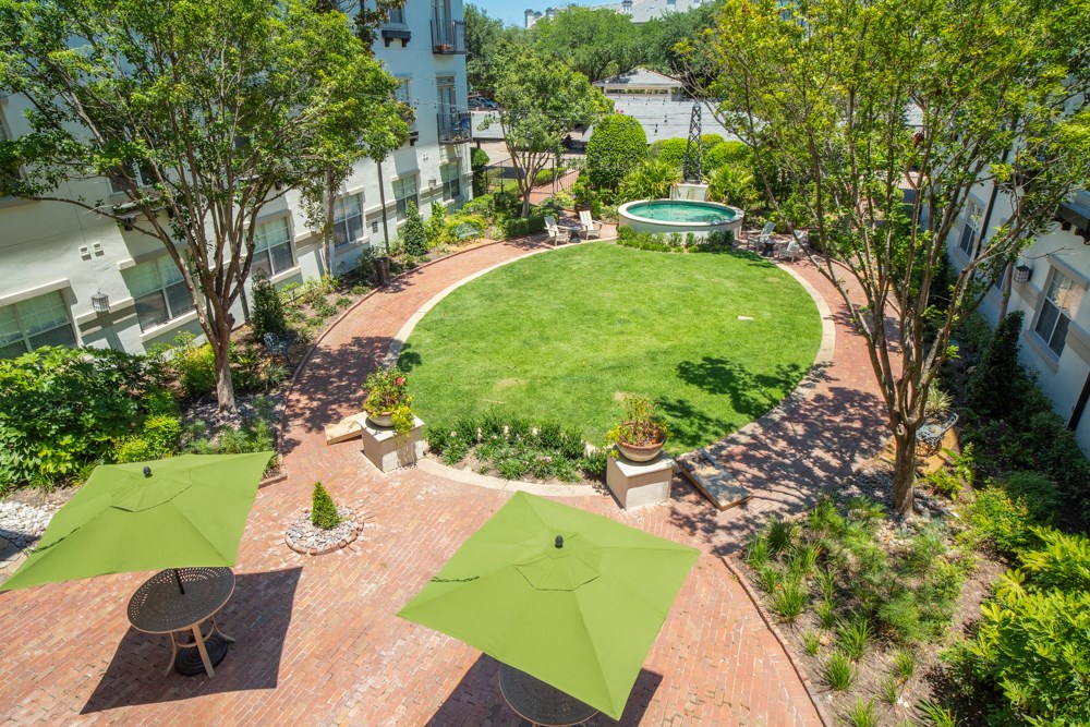 Community tables and lawn area