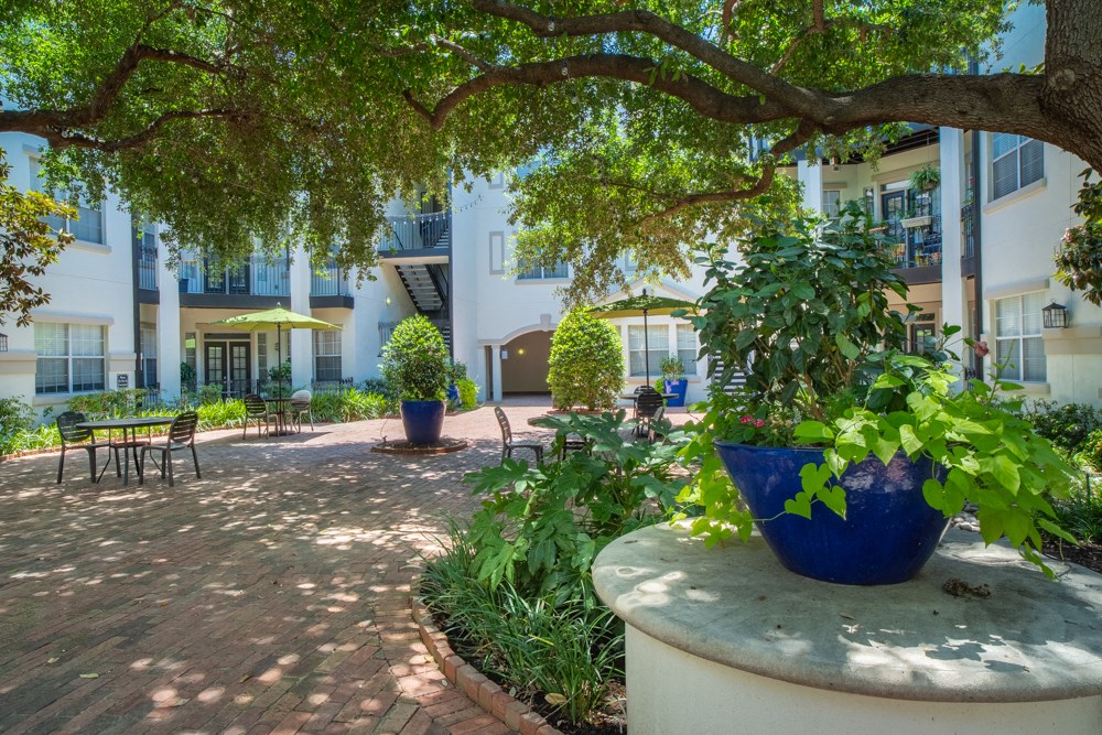 Shaded patio with outdoor furniture and potted plants
