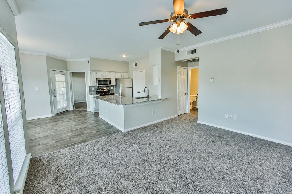 Wimberly Floorplan, kitchen and living room  at The Villages of Briar Forest, Houston, 77077