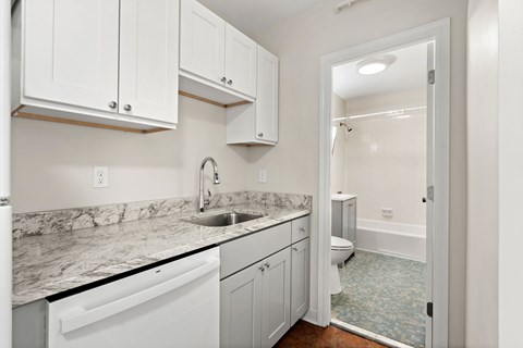 A white kitchen with a marble counter top and a white dishwasher.