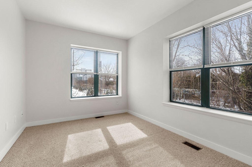 A room with a carpeted floor and two windows.