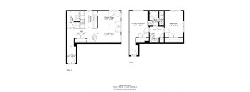 A floor plan of a two story house with a living room, dining area, kitchen, bathroom, and two bedrooms.