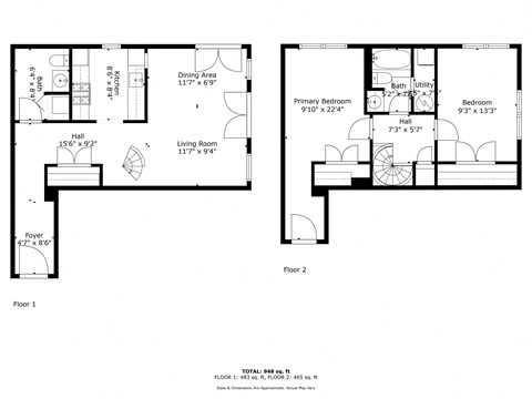 A floor plan of a two story house with a living room, dining area, kitchen, bathroom, and two bedrooms.
