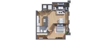A floor plan of a small apartment with a kitchen, living room, and bathroom.