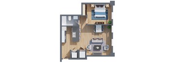 A top down view of a small apartment with a bed, a couch, a table, and a kitchenette.