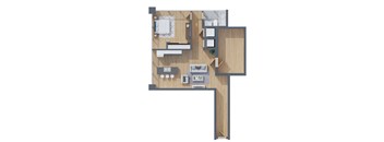 A 3D rendered image of a house layout.