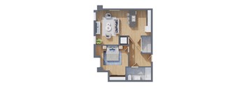 A top down view of a small apartment with a kitchen, living room, and bedroom.