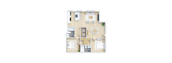 A top-down view of a house floor plan with a kitchen, living room, dining area, and bedrooms.