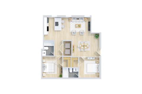A top-down view of a house floor plan with a kitchen, living room, dining area, and bedrooms.