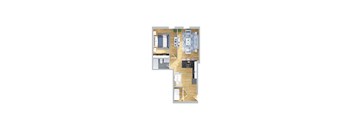 A floor plan of a small apartment with a kitchen, living room, and two bedrooms.