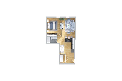 A floor plan of a small apartment with a kitchen, living room, and two bedrooms.