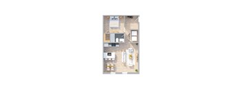 A top-down view of a house with a living room, dining room, kitchen, and two bedrooms.