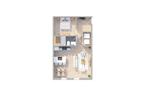 A top-down view of a house with a living room, dining room, kitchen, and two bedrooms.