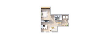 A top down view of a house interior with a kitchen, living room, and dining area.