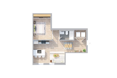 A top down view of a house interior with a kitchen, living room, and dining area.