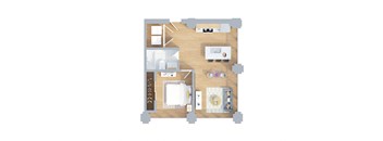 A floor plan of a house with a kitchen, living room, and two bedrooms.