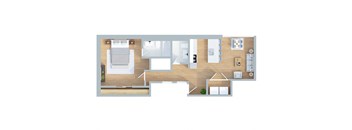 A floor plan of a house with a kitchen, living room, and bedrooms.