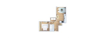 A floor plan of a house with a kitchen, living room, and two bedrooms.