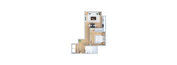 A floor plan of a house with a kitchen, living room, and two bedrooms.