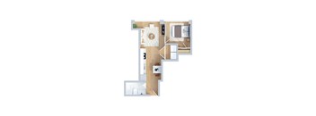 A floor plan of a room with a kitchen, living room, and bathroom.