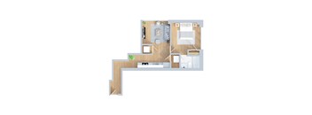 A floor plan of a house with a kitchen, living room, and two bedrooms.