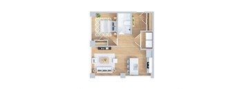 A top-down view of a small apartment with a kitchen, living room, and bedroom.