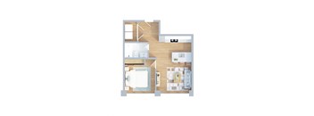 A floor plan of a house with a kitchen, living room, and two bedrooms.