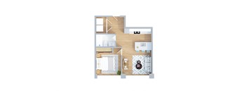 A floor plan of a house with a kitchen, living room, dining area, and two bedrooms.