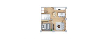 A floor plan of a house with a kitchen, living room, dining room, and bathroom.